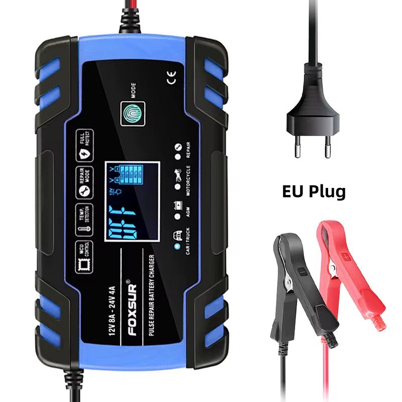 Smart Car Battery Charger for 12V 4A / 24V 8A Truck Motocycle Rvs Boat AGM Gel Lead Acid Batteries with Pulse Repair LCD