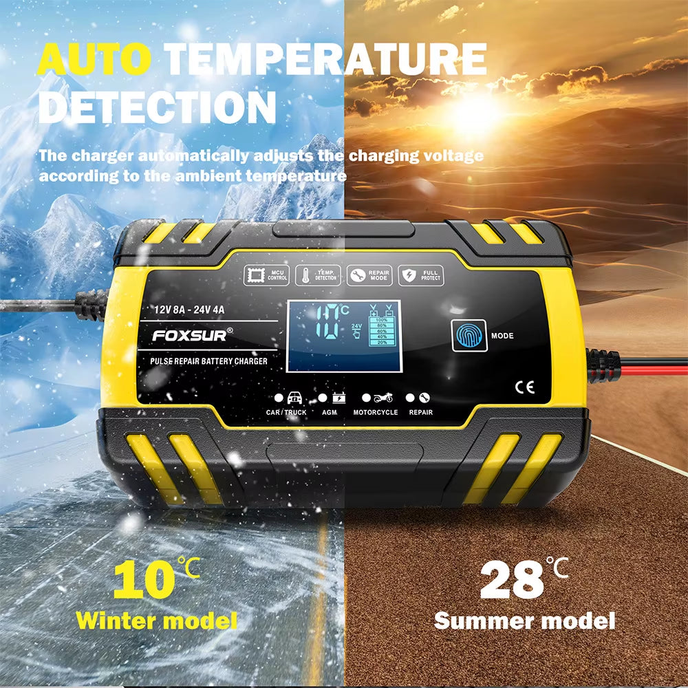 Smart Car Battery Charger for 12V 4A / 24V 8A Truck Motocycle Rvs Boat AGM Gel Lead Acid Batteries with Pulse Repair LCD