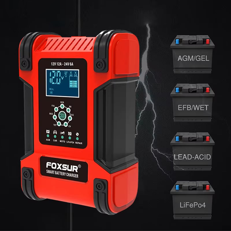 12A Car Battery Charger, 12V 24V Battery Charger & Maintainer, Automatic Battery Charger for AGM 