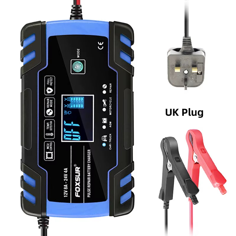 Smart Car Battery Charger for 12V 4A / 24V 8A Truck Motocycle Rvs Boat AGM Gel Lead Acid Batteries with Pulse Repair LCD
