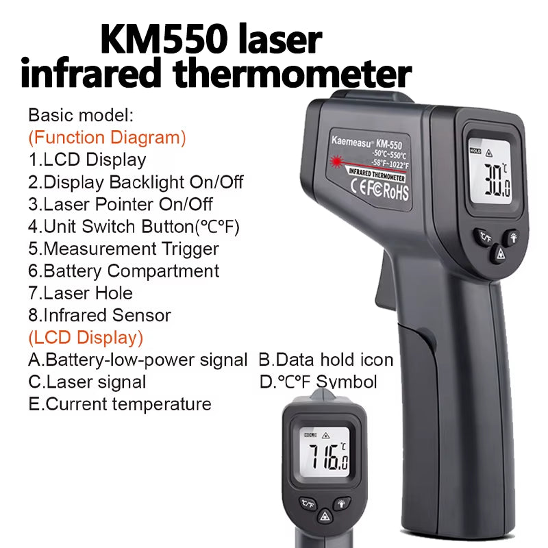 -50~550°C Digital Infrared Thermometer Laser Temperature Meter Non-Contact Pyrometer Imager Hygrometer IR Sensor Termometro