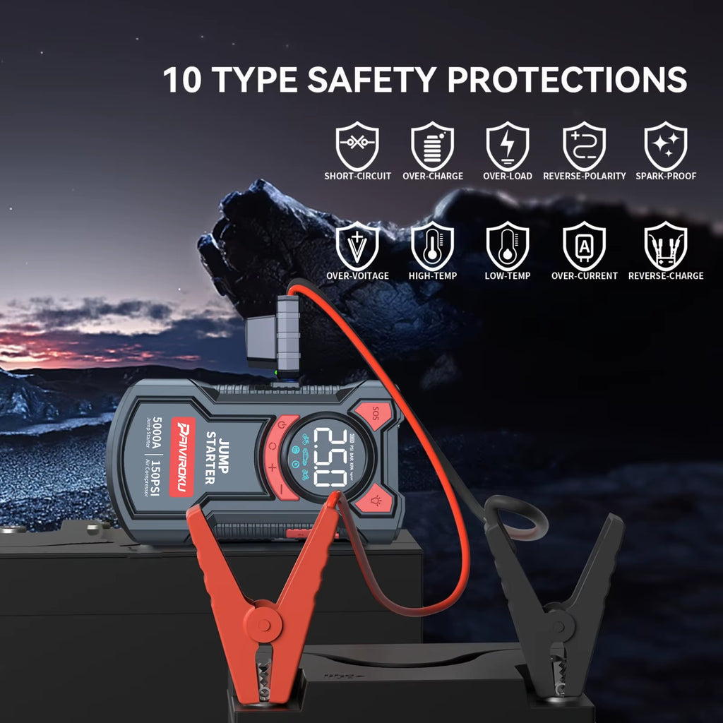 5-In-1 Jump Starter with Air Pump 5000A Peak Starter Box 150PSI Battery Pack with Digital Tire Inflator Car Battery Jump Starter