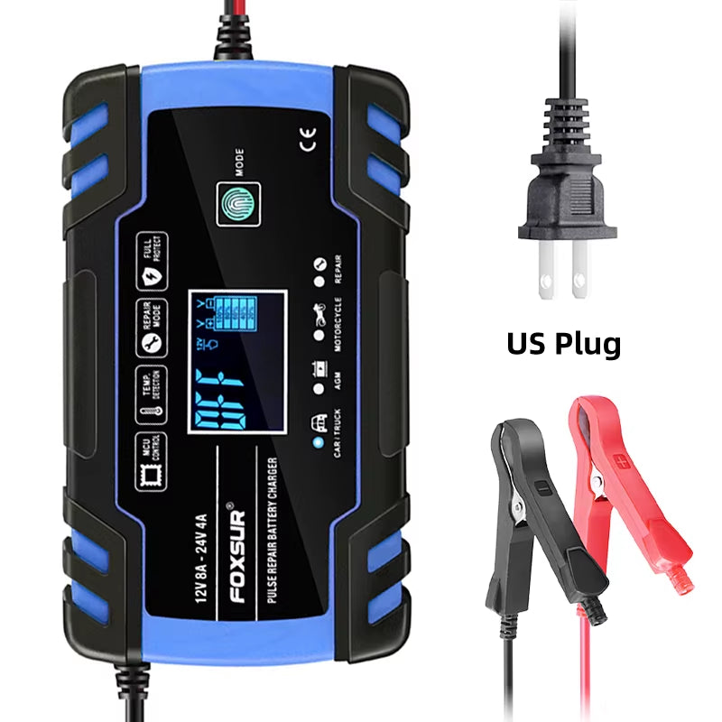 Smart Car Battery Charger for 12V 4A / 24V 8A Truck Motocycle Rvs Boat AGM Gel Lead Acid Batteries with Pulse Repair LCD