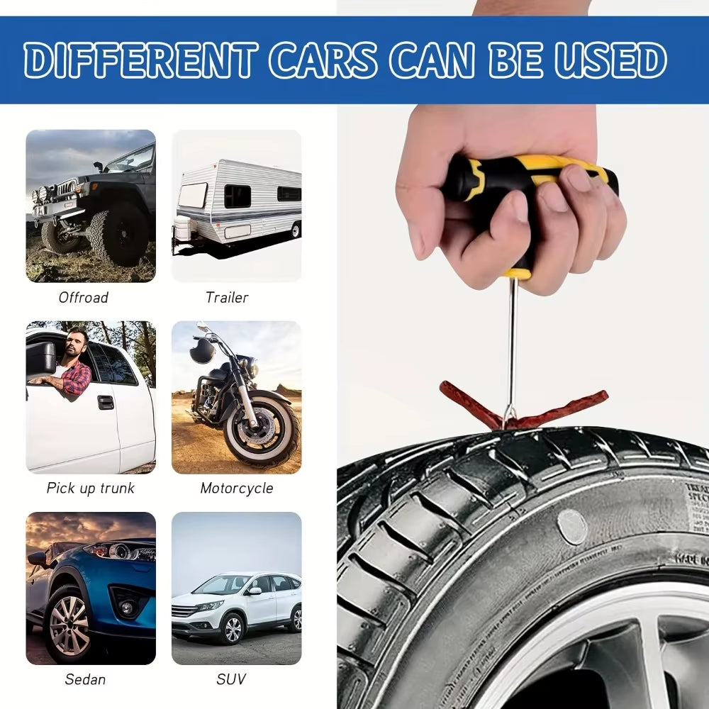 Car Tire Repair Kit with Tools & Adhesive – Durable Plug Strips Included, Uses for Tubeless Tyre Emergency Puncture Fix