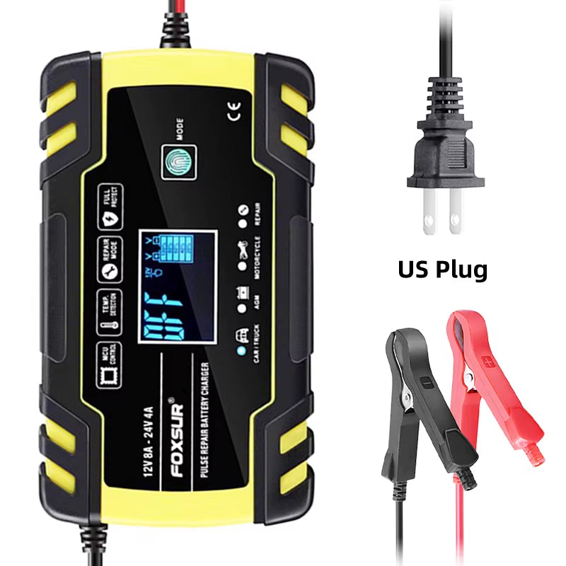 Smart Car Battery Charger for 12V 4A / 24V 8A Truck Motocycle Rvs Boat AGM Gel Lead Acid Batteries with Pulse Repair LCD