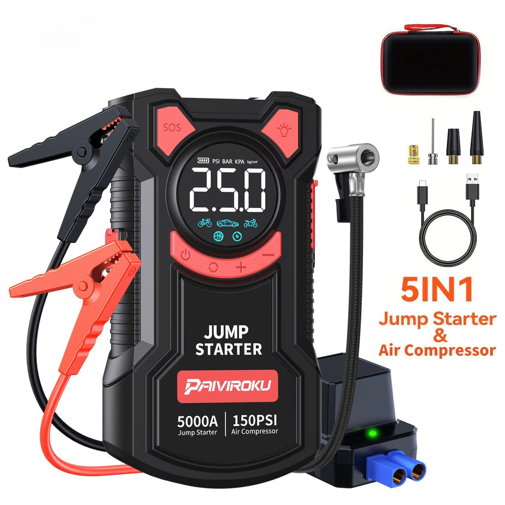 5-In-1 Jump Starter with Air Pump 5000A Peak Starter Box 150PSI Battery Pack with Digital Tire Inflator Car Battery Jump Starter