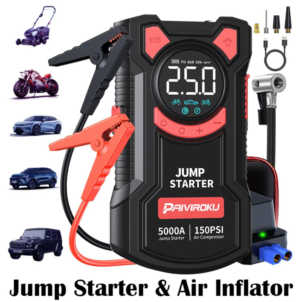 5-In-1 Jump Starter with Air Pump 5000A Peak Starter Box 150PSI Battery Pack with Digital Tire Inflator Car Battery Jump Starter