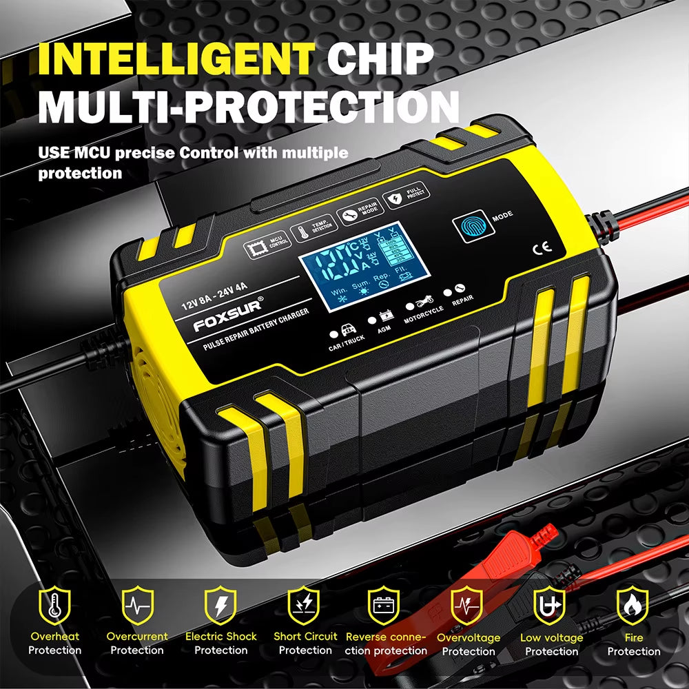 Smart Car Battery Charger for 12V 4A / 24V 8A Truck Motocycle Rvs Boat AGM Gel Lead Acid Batteries with Pulse Repair LCD
