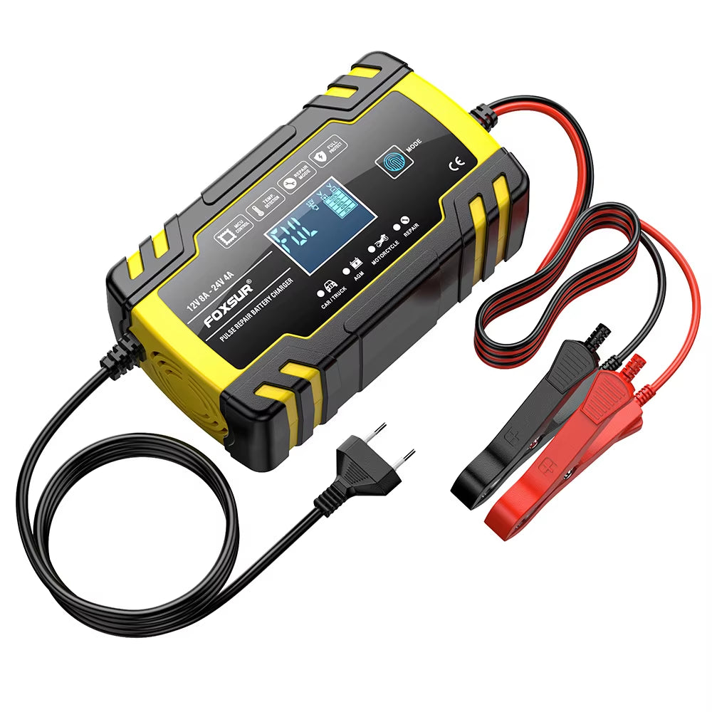 Smart Car Battery Charger for 12V 4A / 24V 8A Truck Motocycle Rvs Boat AGM Gel Lead Acid Batteries with Pulse Repair LCD
