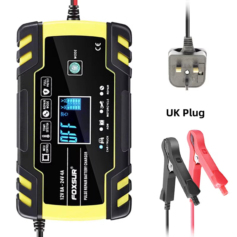 Smart Car Battery Charger for 12V 4A / 24V 8A Truck Motocycle Rvs Boat AGM Gel Lead Acid Batteries with Pulse Repair LCD