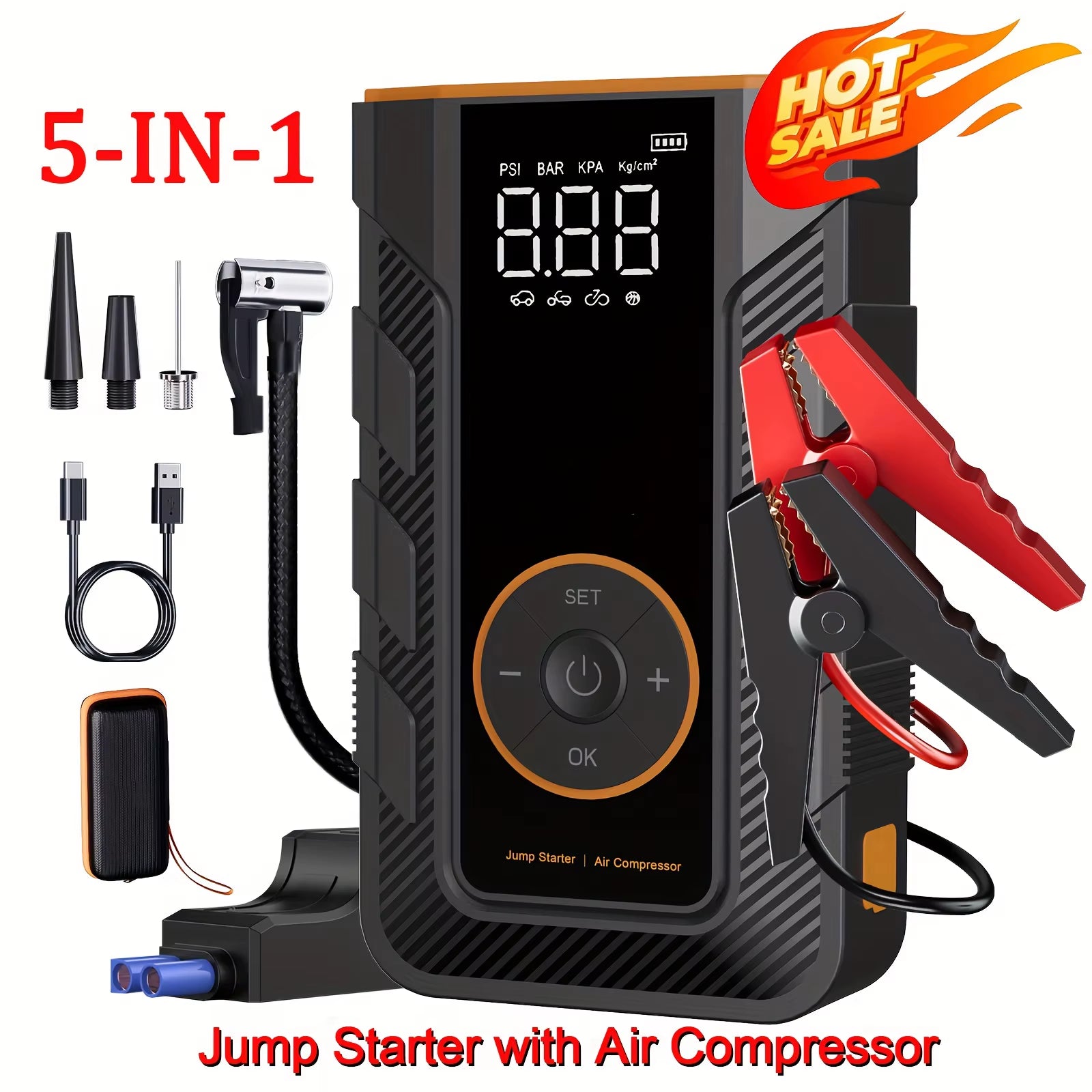 5-In-1 Jump Starter with Air Pump 5000A Peak Starter Box 150PSI Battery Pack with Digital Tire Inflator Car Battery Jump Starter