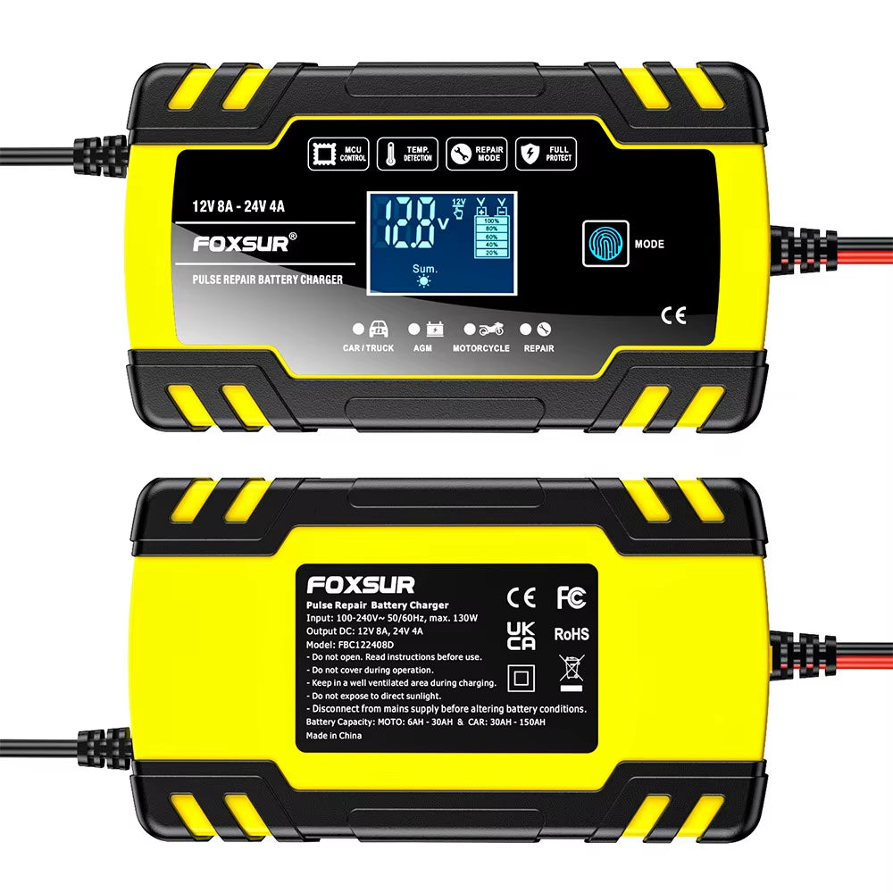 Smart Car Battery Charger for 12V 4A / 24V 8A Truck Motocycle Rvs Boat AGM Gel Lead Acid Batteries with Pulse Repair LCD