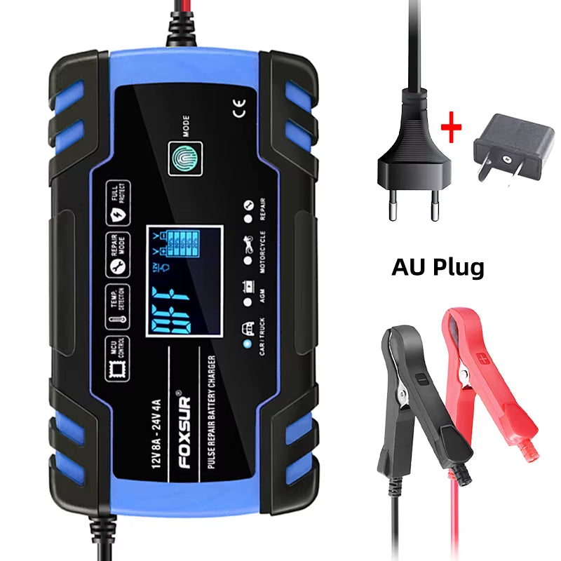 Smart Car Battery Charger for 12V 4A / 24V 8A Truck Motocycle Rvs Boat AGM Gel Lead Acid Batteries with Pulse Repair LCD