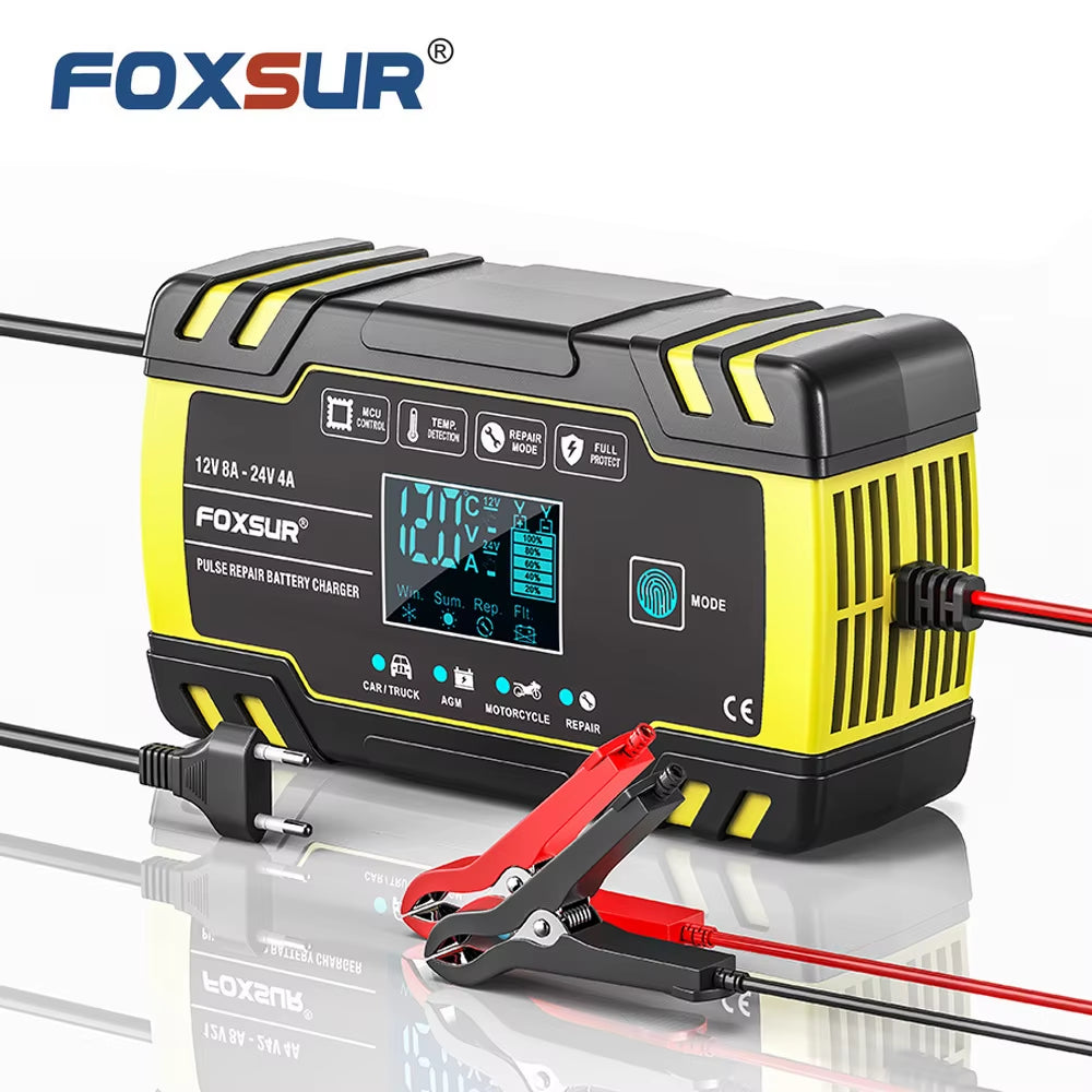Smart Car Battery Charger for 12V 4A / 24V 8A Truck Motocycle Rvs Boat AGM Gel Lead Acid Batteries with Pulse Repair LCD