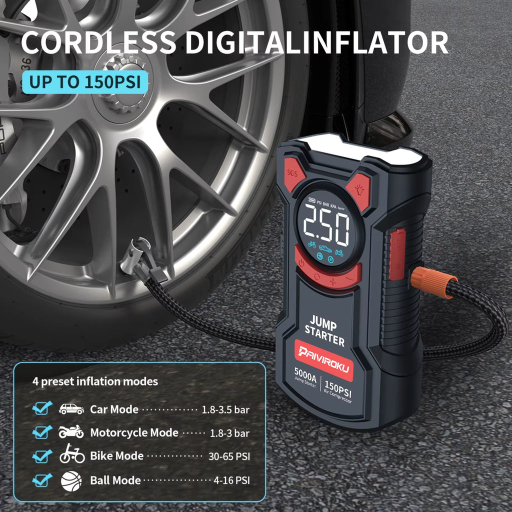 5-In-1 Jump Starter with Air Pump 5000A Peak Starter Box 150PSI Battery Pack with Digital Tire Inflator Car Battery Jump Starter
