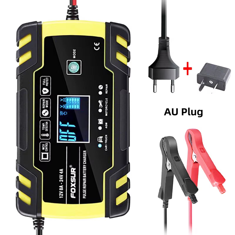 Smart Car Battery Charger for 12V 4A / 24V 8A Truck Motocycle Rvs Boat AGM Gel Lead Acid Batteries with Pulse Repair LCD