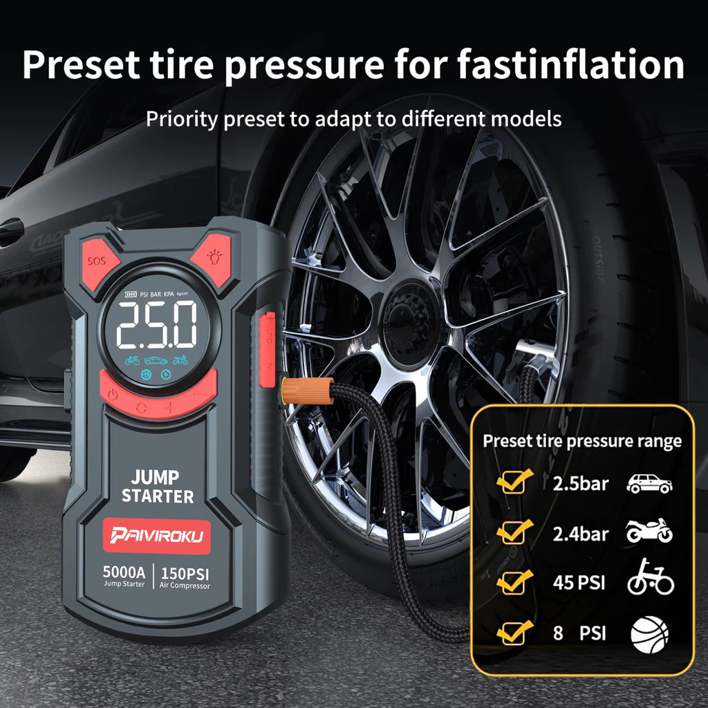 5-In-1 Jump Starter with Air Pump 5000A Peak Starter Box 150PSI Battery Pack with Digital Tire Inflator Car Battery Jump Starter