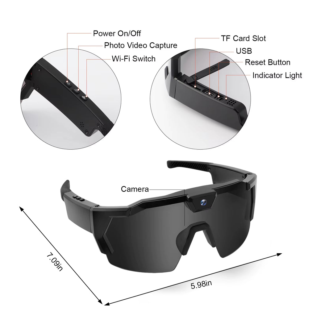POV Sports Glasses with Camera 16GB HD 1080P Video Glasses Action Camera Sunglasses Smart Glasses for Outdoor Cycling Hiking