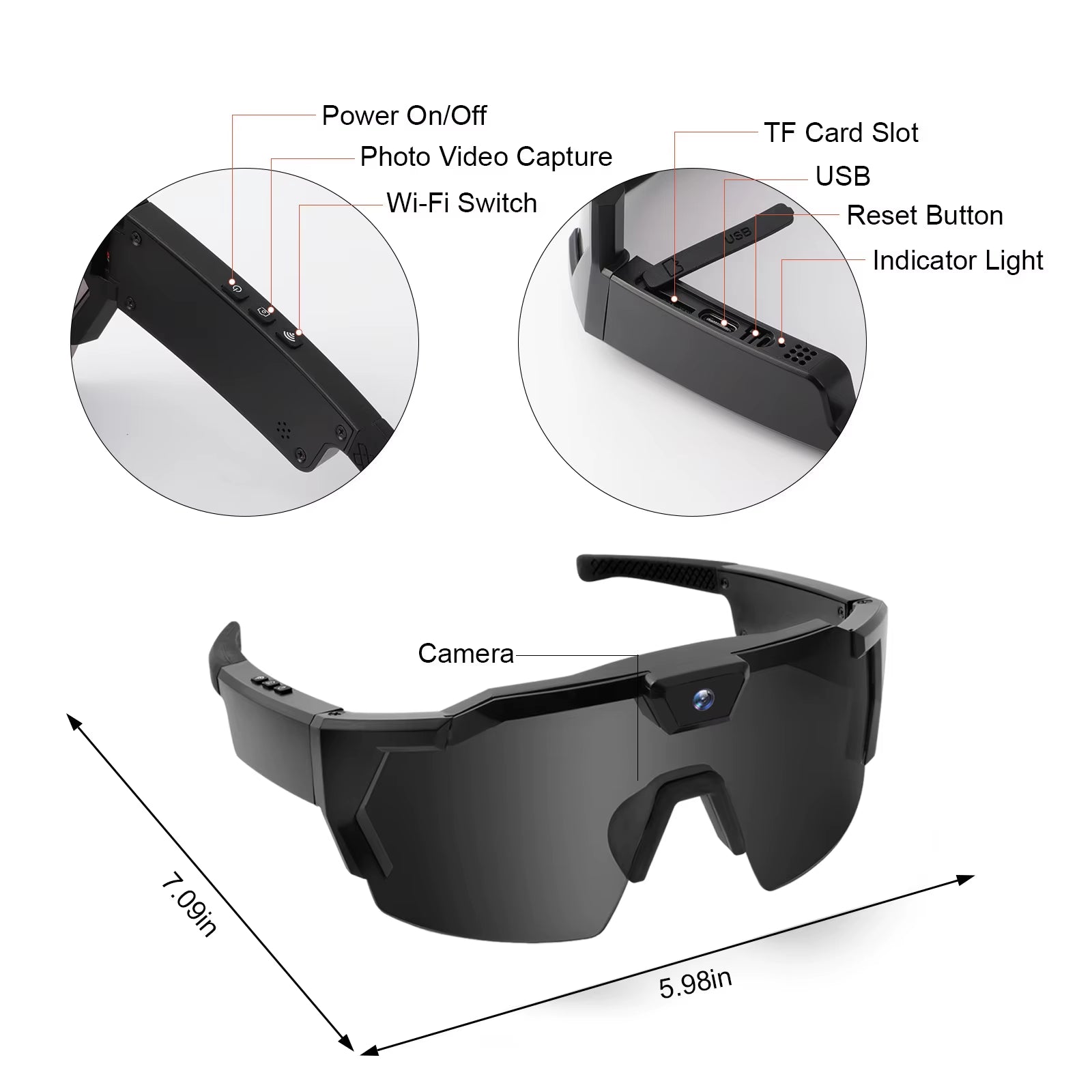 POV Sports Glasses with Camera 16GB HD 1080P Video Glasses Action Camera Sunglasses Smart Glasses for Outdoor Cycling Hiking