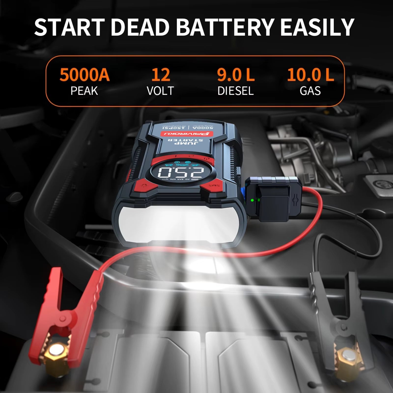 5-In-1 Jump Starter with Air Pump 5000A Peak Starter Box 150PSI Battery Pack with Digital Tire Inflator Car Battery Jump Starter