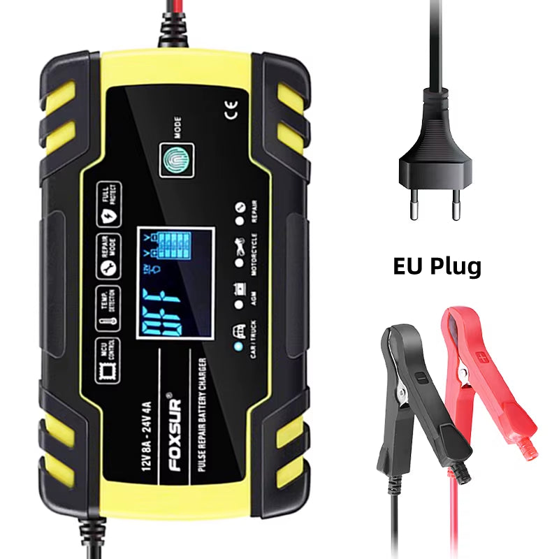 Smart Car Battery Charger for 12V 4A / 24V 8A Truck Motocycle Rvs Boat AGM Gel Lead Acid Batteries with Pulse Repair LCD