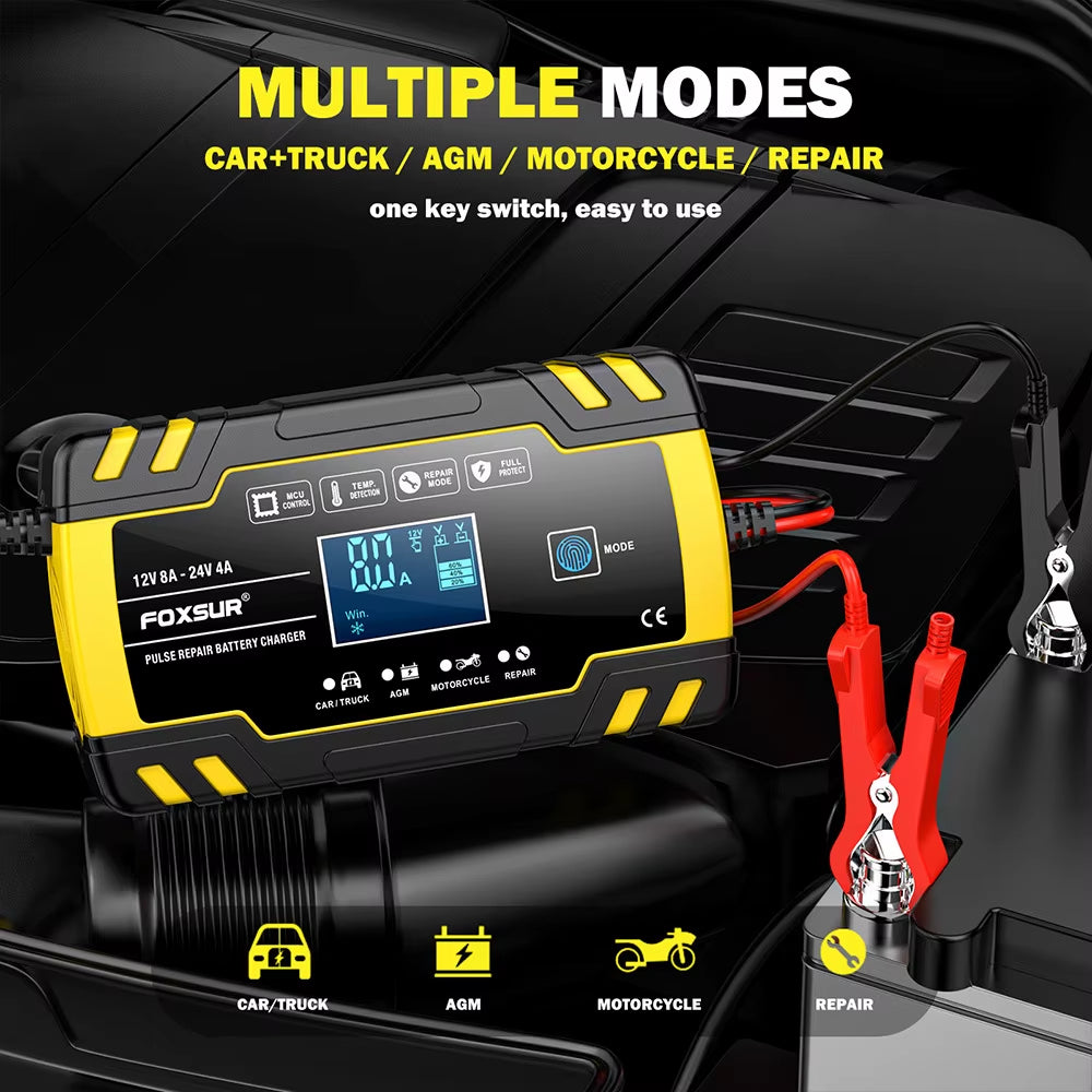 Smart Car Battery Charger for 12V 4A / 24V 8A Truck Motocycle Rvs Boat AGM Gel Lead Acid Batteries with Pulse Repair LCD