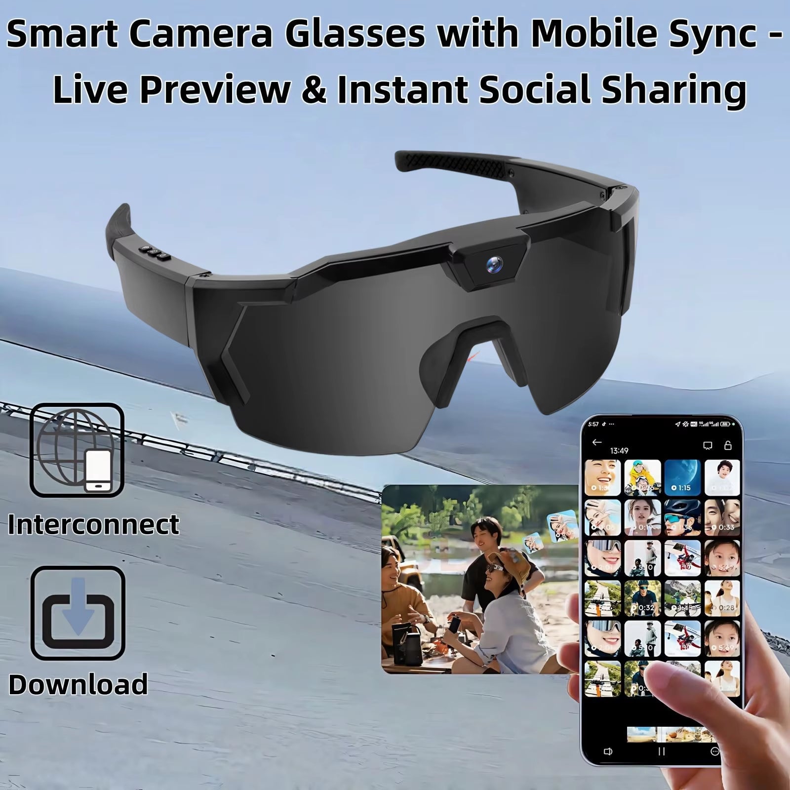 POV Sports Glasses with Camera 16GB HD 1080P Video Glasses Action Camera Sunglasses Smart Glasses for Outdoor Cycling Hiking